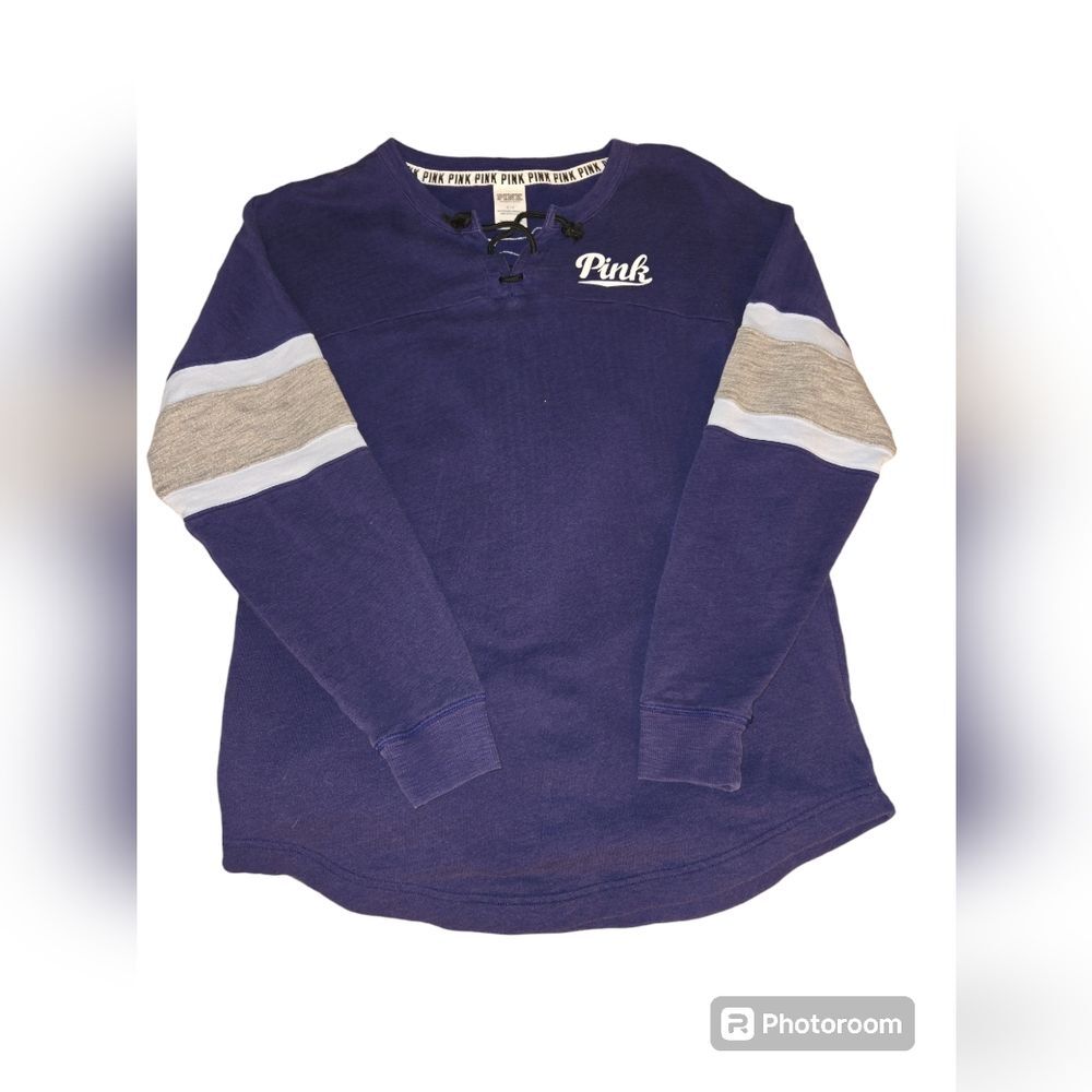 VICTORIA'S SECRET PINK Lace Tie Up Purple Gray Sweatshirt Hockey Style Women's S